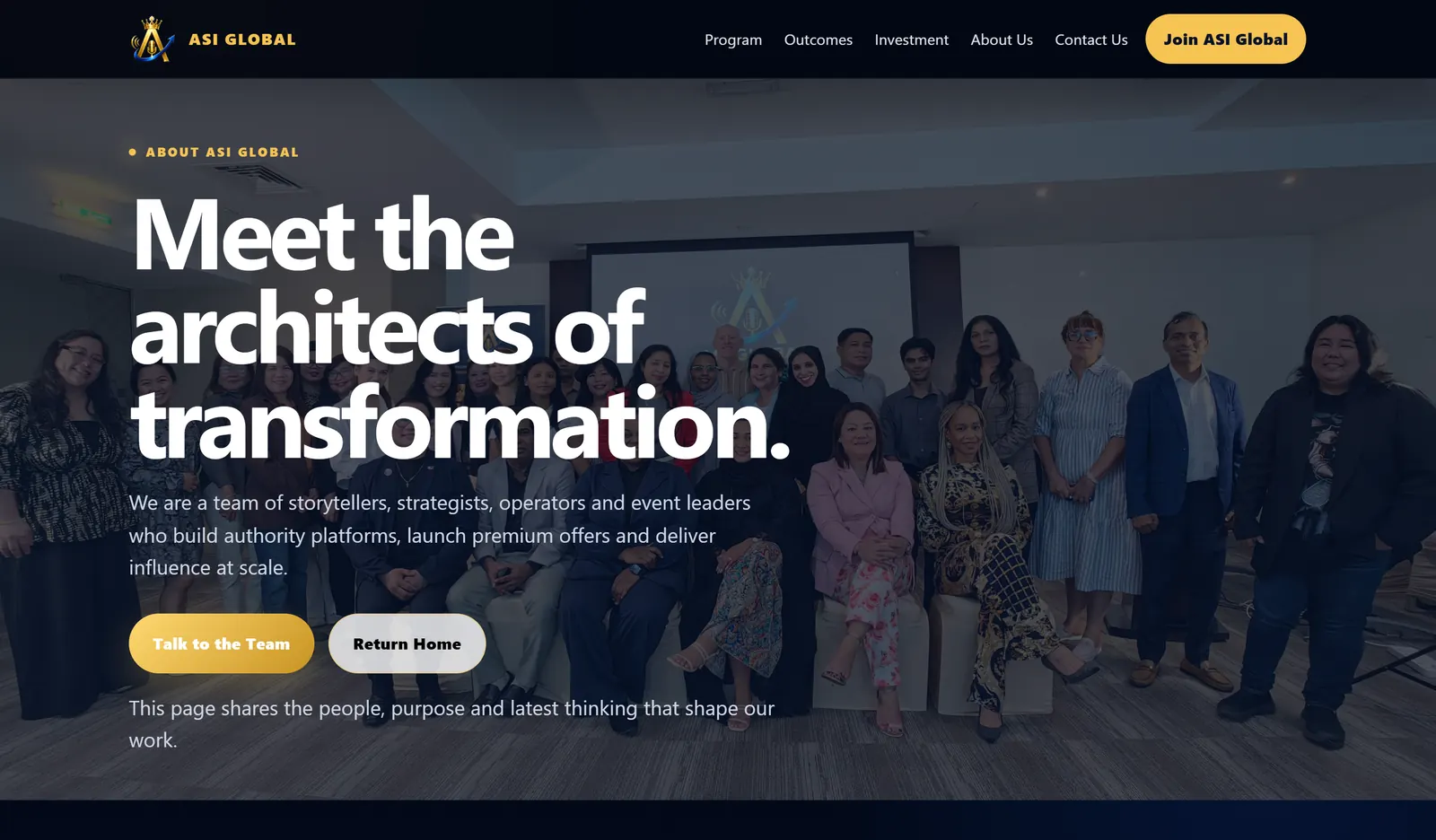 ASI Global About page hero featuring the organization and event team