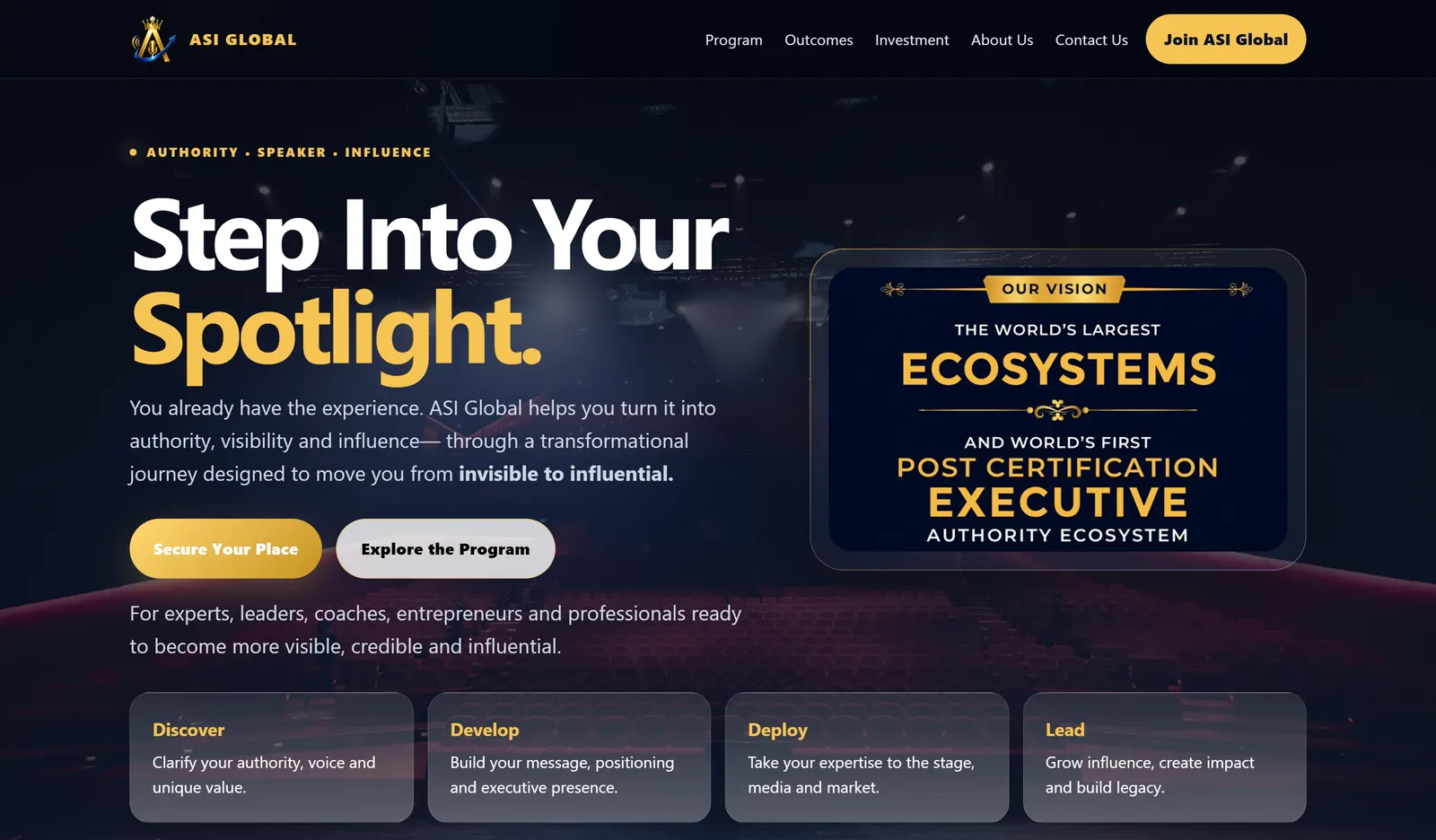 ASI Global homepage hero presenting the Step Into Your Spotlight program