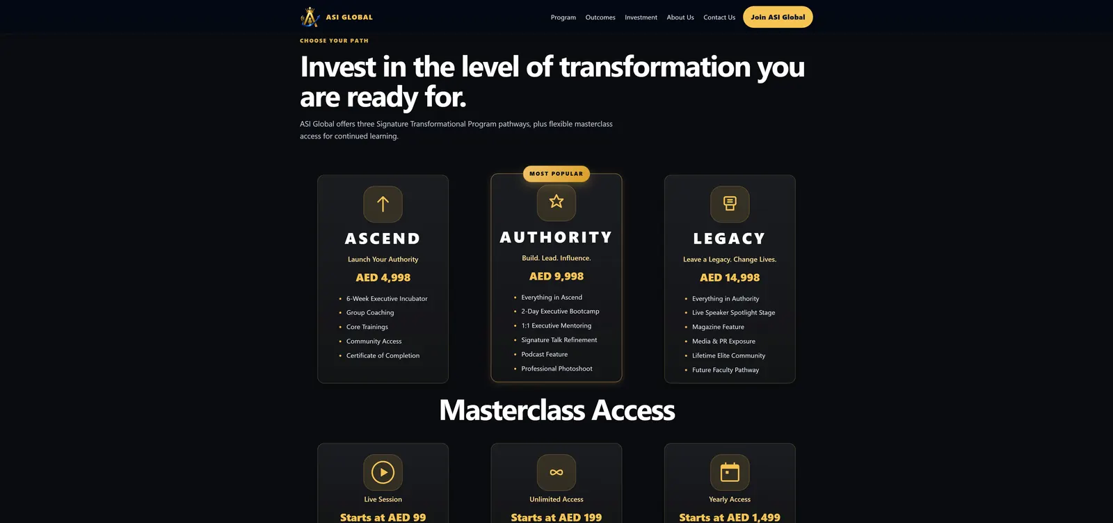 ASI Global transformation program and masterclass investment options