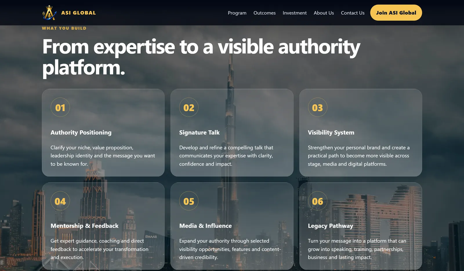 ASI Global program outcomes displayed over a Dubai city background