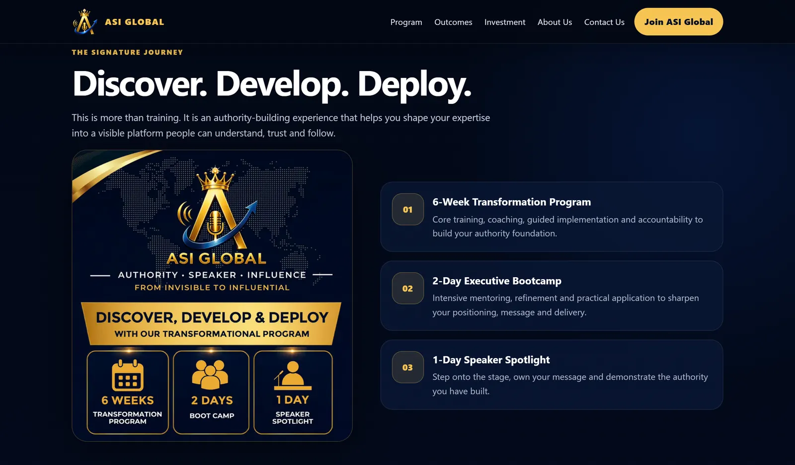 ASI Global signature journey section outlining Discover, Develop, and Deploy