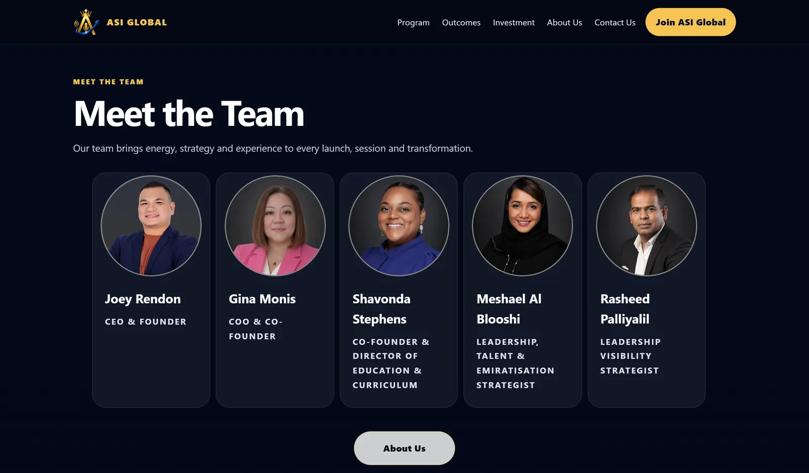 ASI Global team overview with five leadership profiles