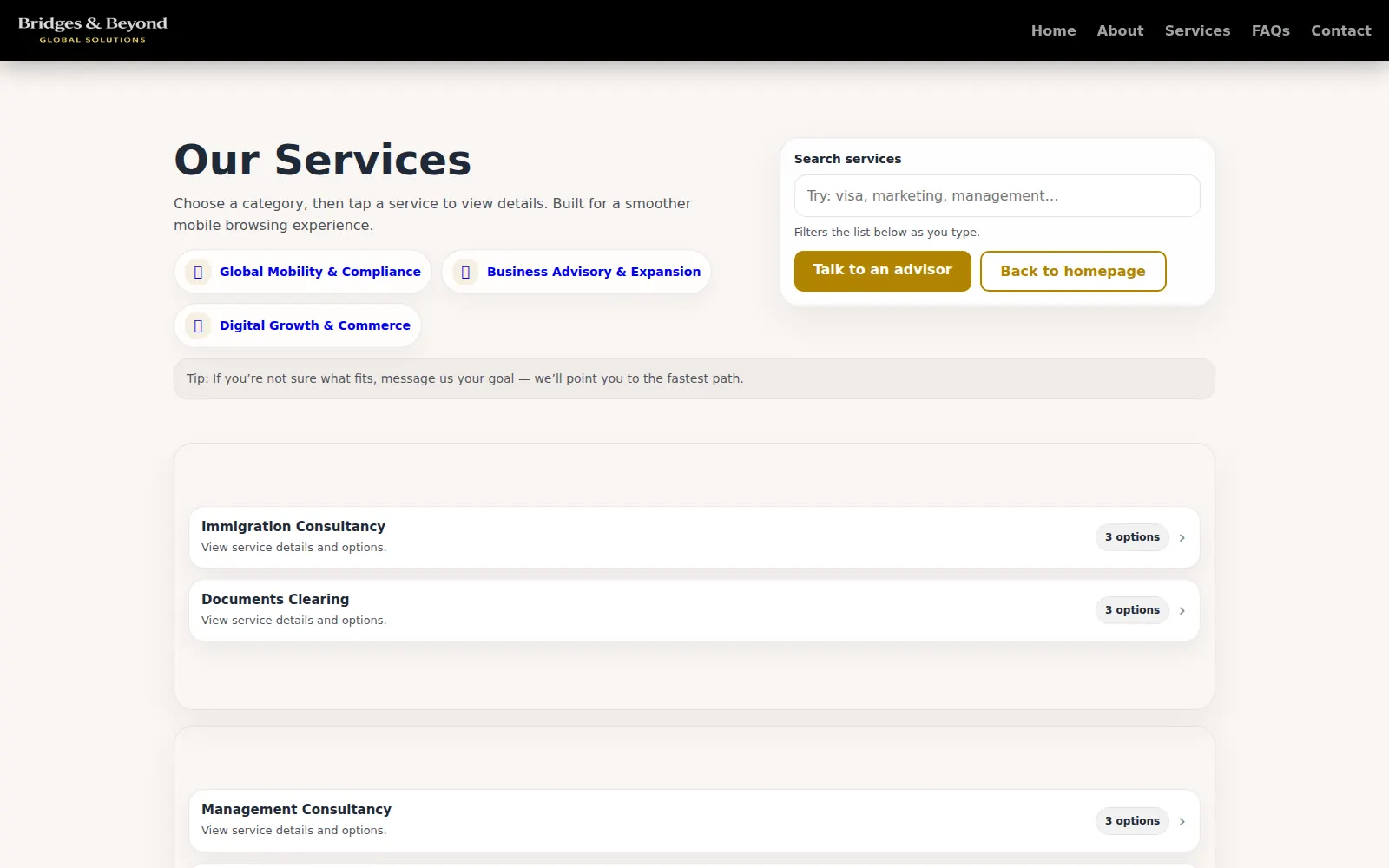 Bridges Beyond Global searchable service directory