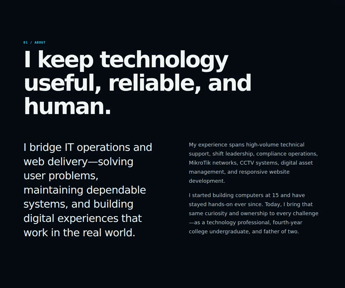 Ricoded.tech About section describing a practical and human approach to technology