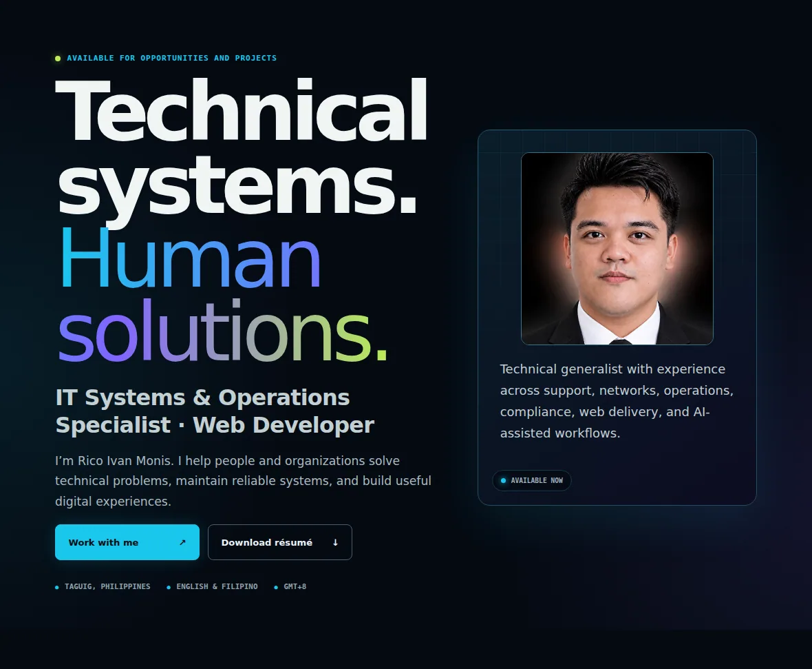Ricoded.tech portfolio hero introducing Rico Monis and his technical work