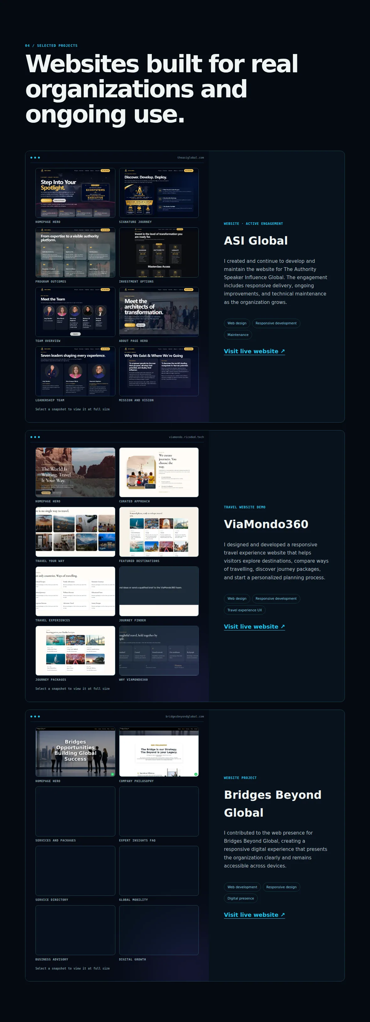 Ricoded.tech selected website projects with interactive screenshot galleries