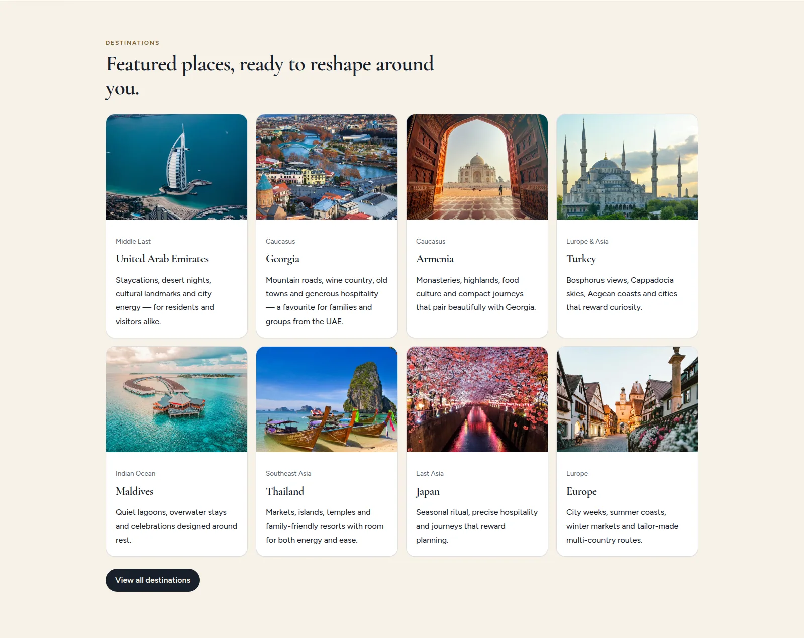 ViaMondo360 featured destination cards spanning the Middle East, Asia, and Europe