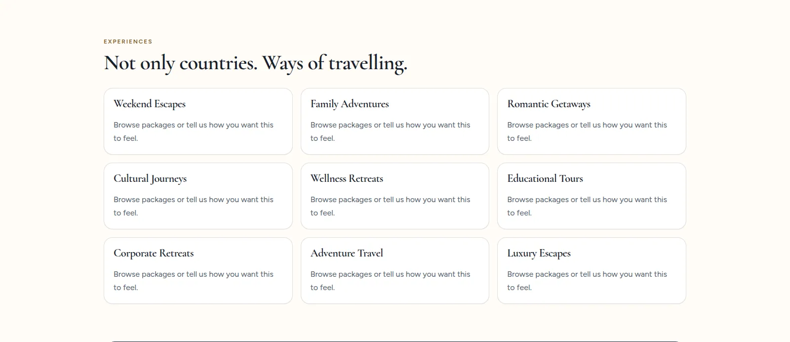 ViaMondo360 experience categories including family adventures, cultural journeys, and retreats